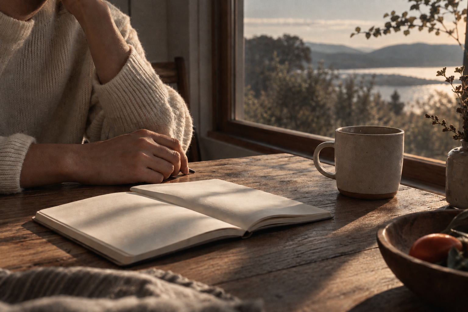 A notebook and a quiet moment beside a window.